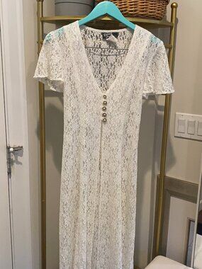 BRIDAL WEDDING Vintage Ivory Lace Button Down Maxi Dress — SIZE 4